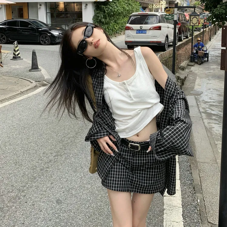 DOSOHEB Skirt Set Women's Black Plaid-2
