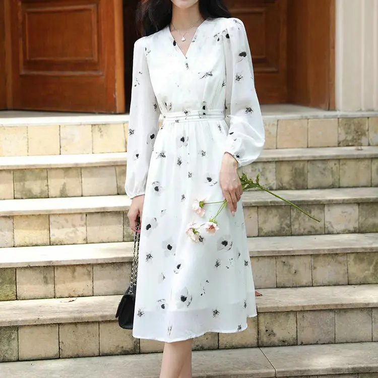 DOSOHEB Long-Sleeved Dresses Women's Watercolor White Tea-2