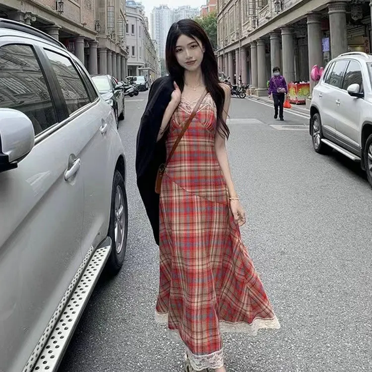 DOSOHEB Slip Dress Women's Red Plaid-5