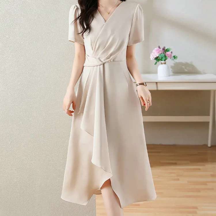 DOSOHEB Short Sleeved Dresses Women's Beige-3