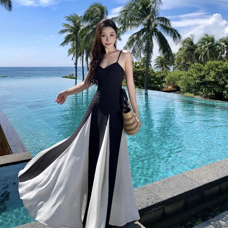 DOSOHEB Slip Dresses Women's Black/White-5