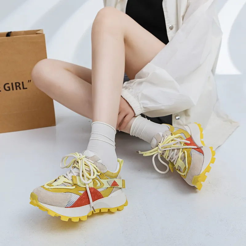 CHOVO Chunky Sneakers Women's Low Top Yellow/Pink-2