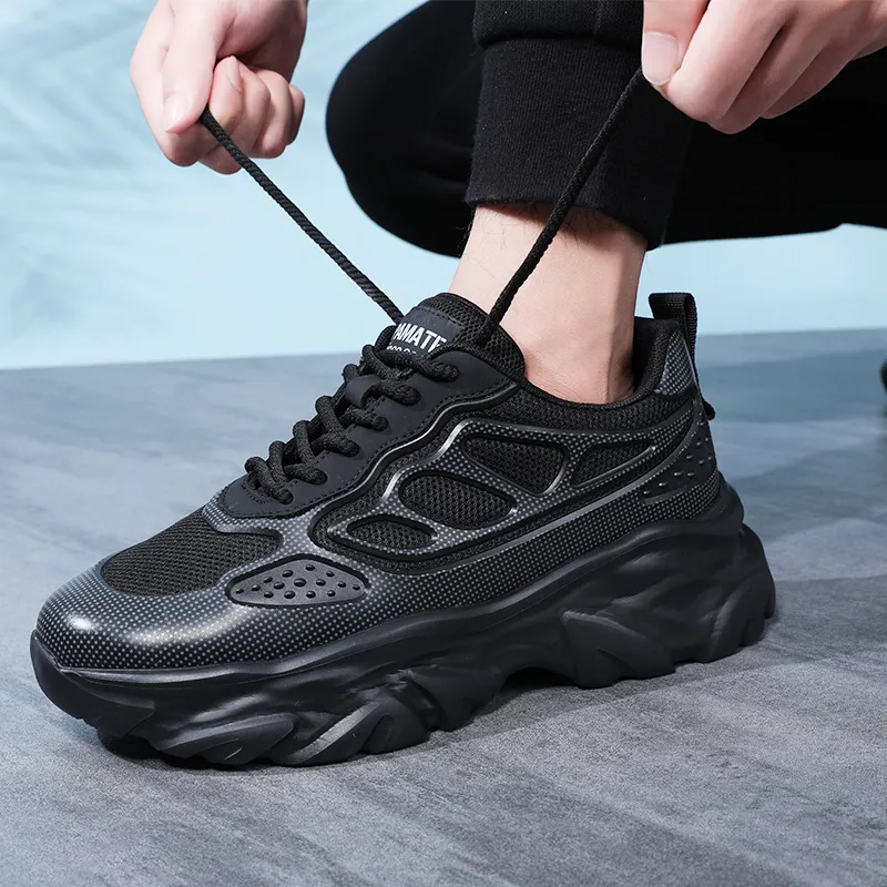 EGCHI Breathable Abrasion Resistant Slip Resistant Low Top Chunky Sneakers Men's Black-5