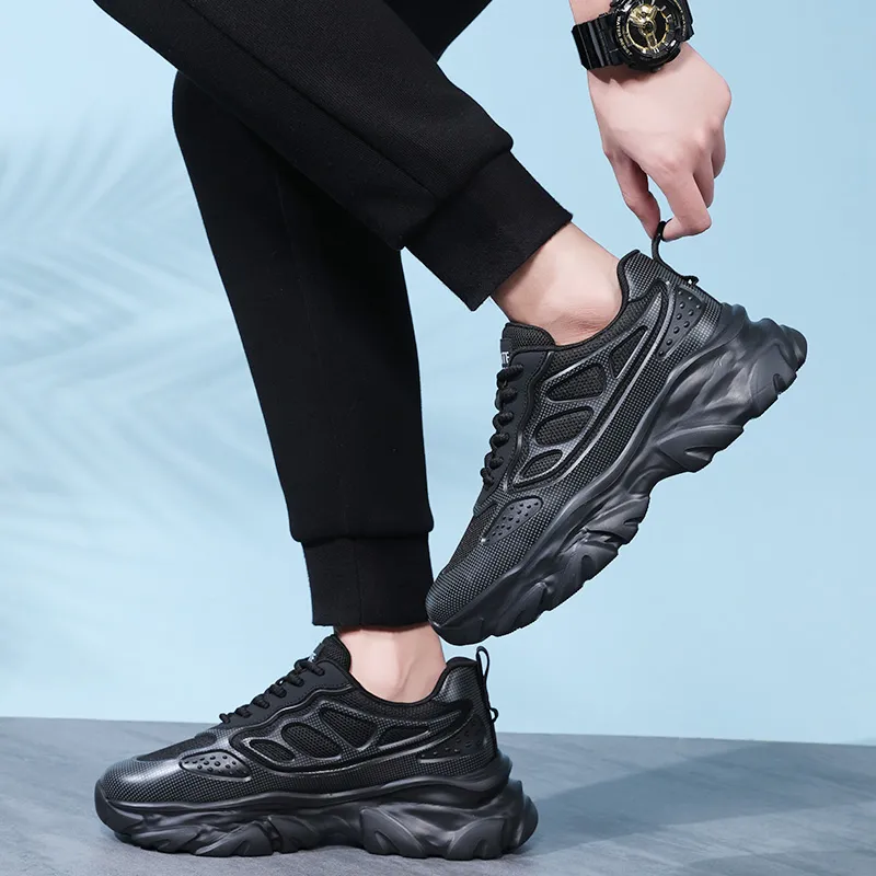 EGCHI Breathable Abrasion Resistant Slip Resistant Low Top Chunky Sneakers Men's Black-6