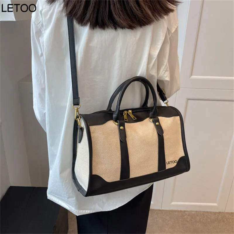 LETOO Canvas Canvas Bag One Shoulder Crossbody Travel Bags Unisex Black/Brown-2
