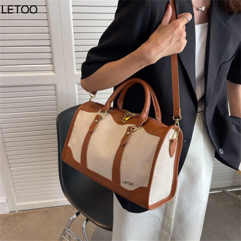 LETOO Canvas Canvas Bag One Shoulder Crossbody Travel Bags Unisex Black/Brown-5