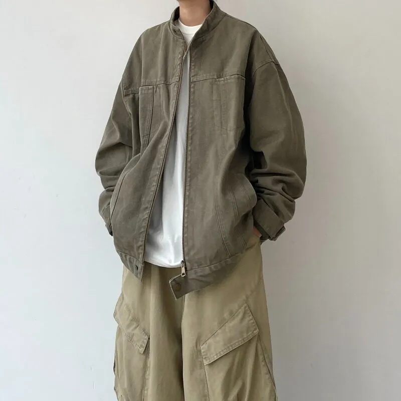 TESTUNG Luxury Streetwear Solid Color Stand Collar Loose Fit Casual Draped Drop Shoulder Zip Up Jackets Coat Unisex-2