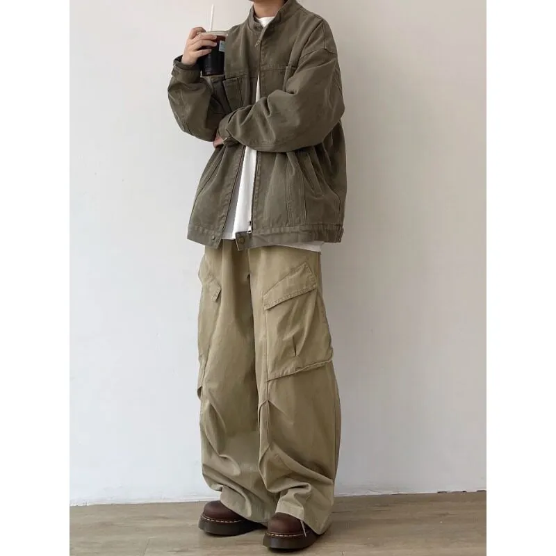 TESTUNG Luxury Streetwear Solid Color Stand Collar Loose Fit Casual Draped Drop Shoulder Zip Up Jackets Coat Unisex-4