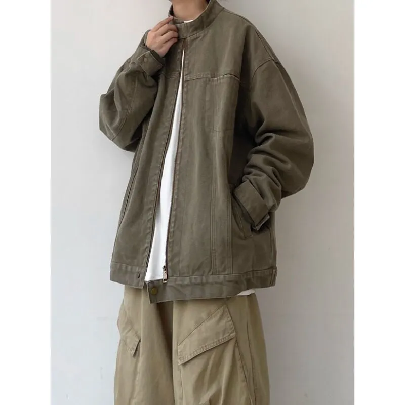 TESTUNG Luxury Streetwear Solid Color Stand Collar Loose Fit Casual Draped Drop Shoulder Zip Up Jackets Coat Unisex-3