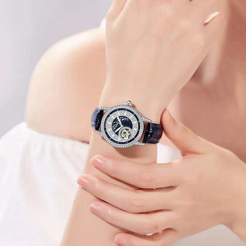McElo Infinite Universe Cygnus Automatic Mechanical Movement Genuine Leather Strap Watch Women's Watch Blue Dial-3