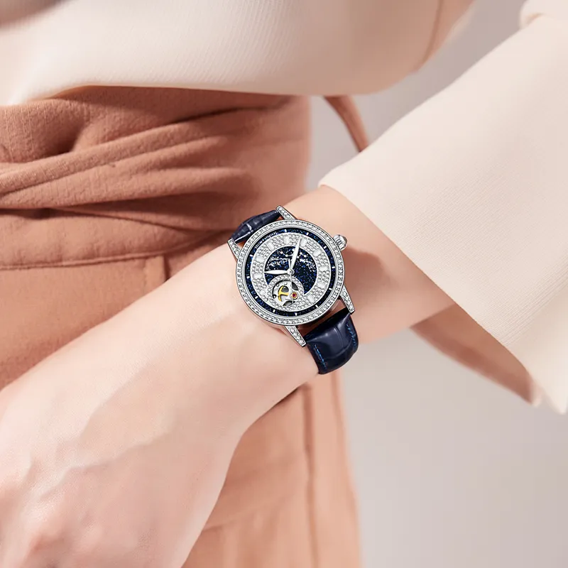 McElo Infinite Universe Cygnus Automatic Mechanical Movement Genuine Leather Strap Watch Women's Watch Blue Dial-4