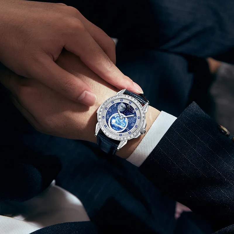 McElo Infinite Universe Mechanical Movement Cowhide Strap Watch Men's Watches Blue Dial-2