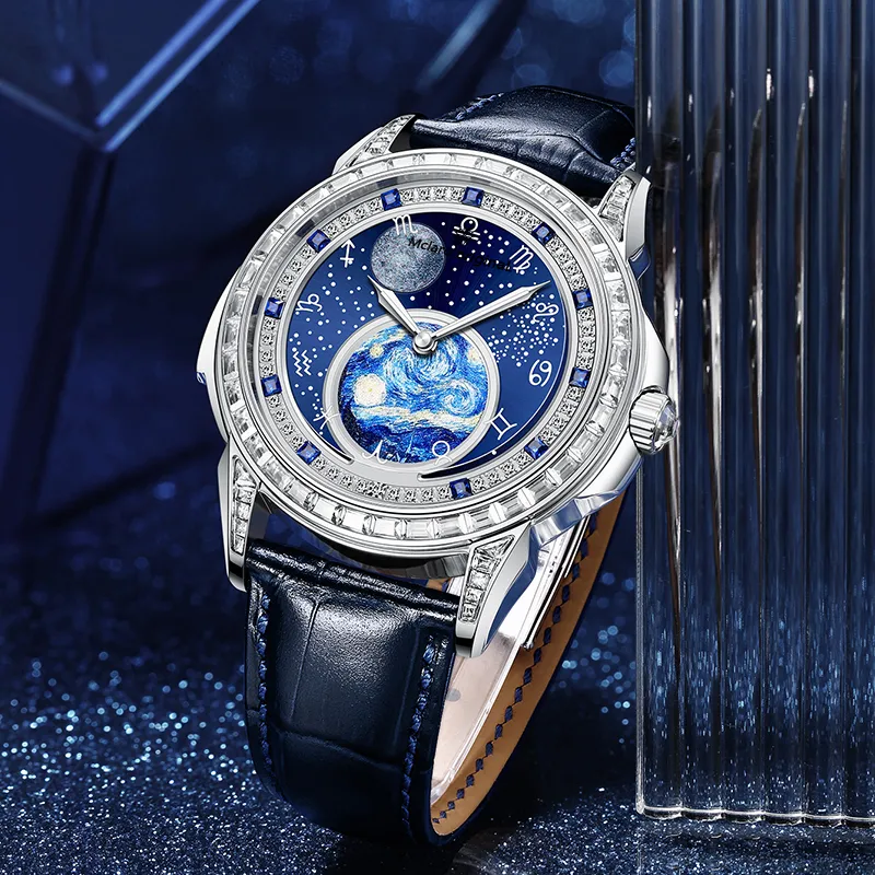 McElo Infinite Universe Mechanical Movement Cowhide Strap Watch Men's Watches Blue Dial-4