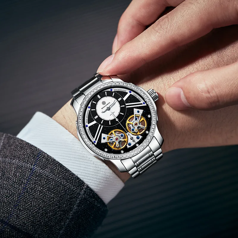 McElo Infinite Universe Collection Sirius Automatic Mechanical Movement Steel Strap Watch Men's Watches Black Dial-2