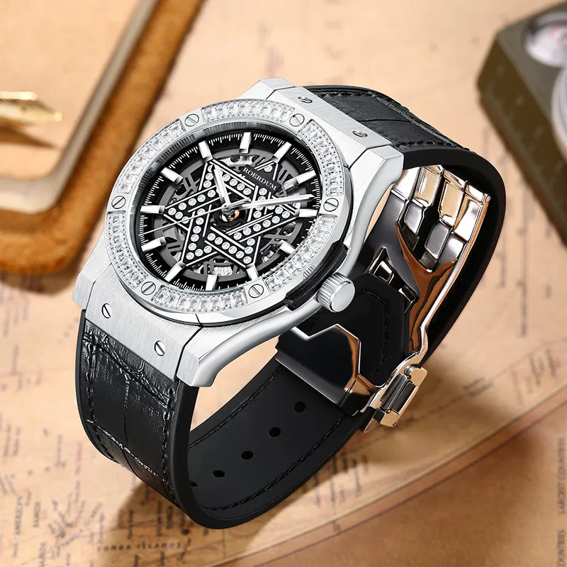 ROERDUM Cyber Collection Six Pointed Star Automatic Mechanical Movement Silicone Strap Watch Men's Watches Black Dial-10