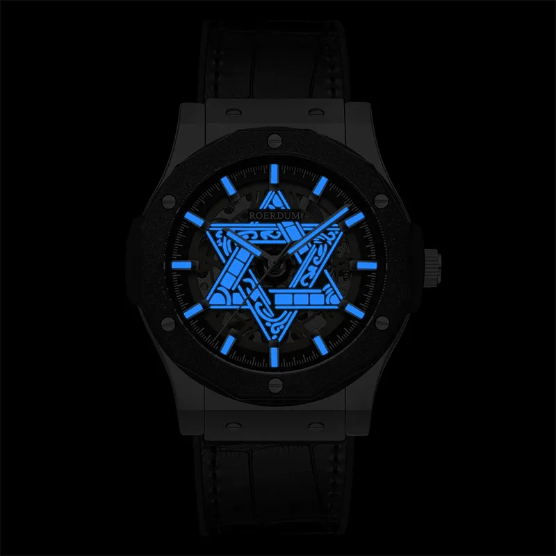 ROERDUM Cyber Collection Six Pointed Star Automatic Mechanical Movement Silicone Strap Watch Men's Watches Black Dial-7