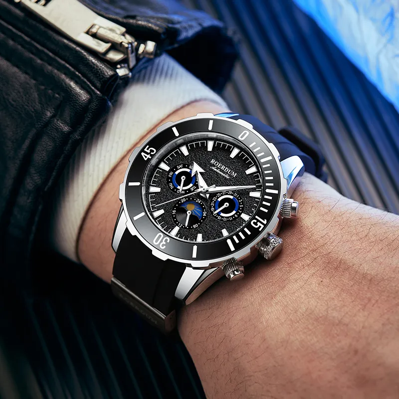 ROERDUM Stalker Automatic Mechanical Movement Silicone Strap Watch Men's Watches Black Dial-3