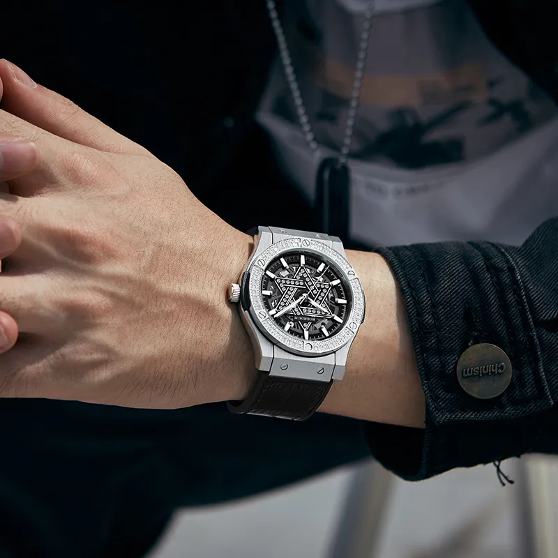 ROERDUM Cyber Collection Six Pointed Star Automatic Mechanical Movement Silicone Strap Watch Men's Watches Black Dial-12