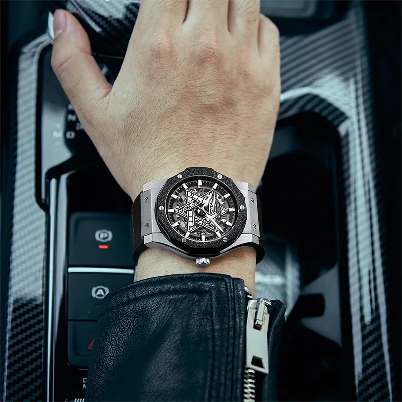 ROERDUM Cyber Collection Six Pointed Star Automatic Mechanical Movement Silicone Strap Watch Men's Watches Black Dial-6