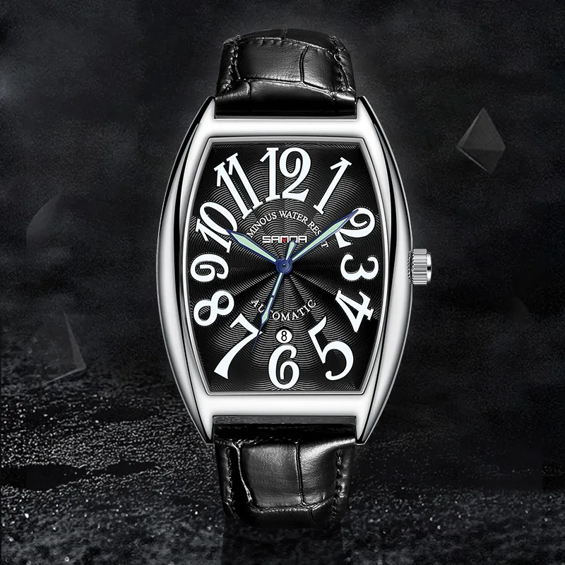 Sanda Mechanical Movement Leather Strap Watch Men's Watches Black Dial-12