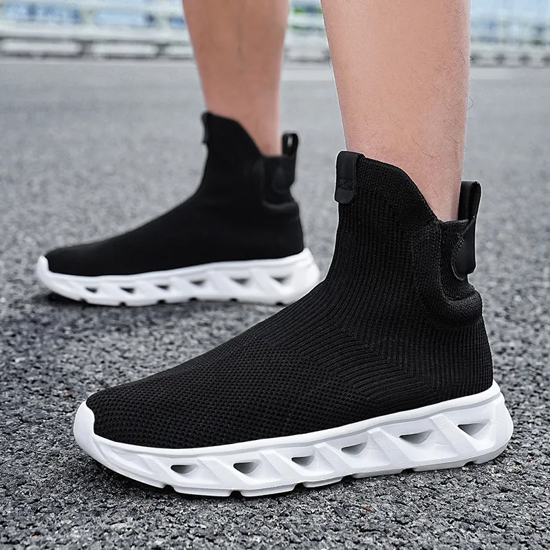 Kuding Casual Shoes Men High Top All Black White-5