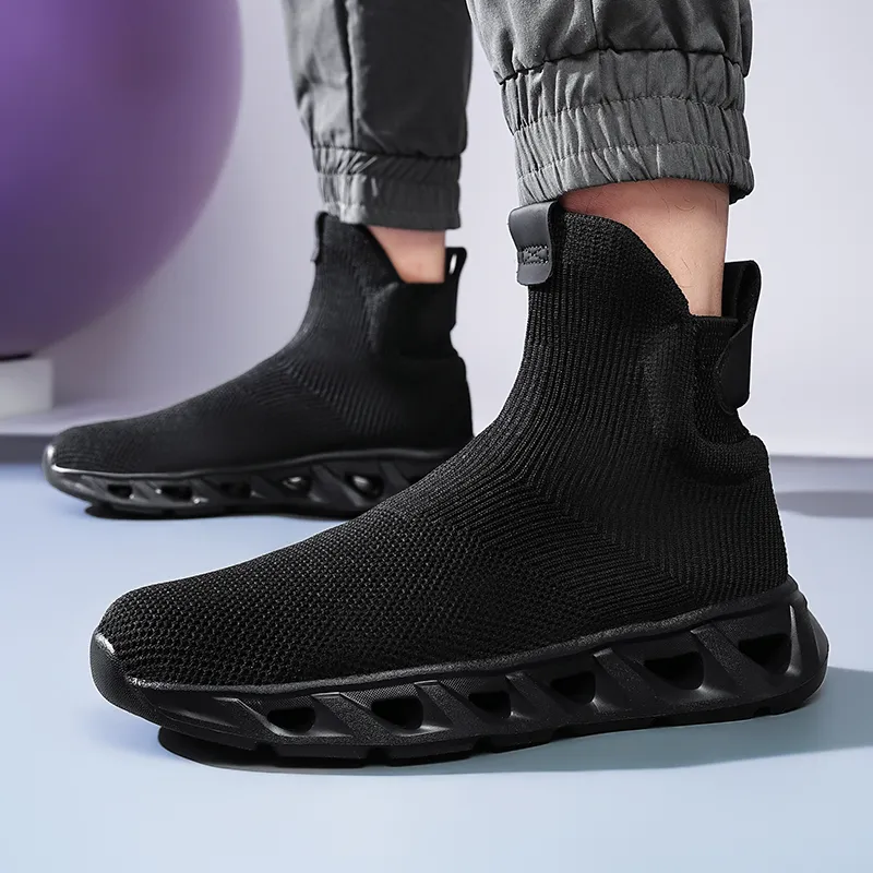 Kuding Casual Shoes Men High Top All Black White-10