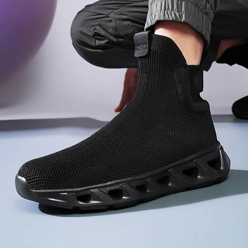 Kuding Casual Shoes Men High Top All Black White-11