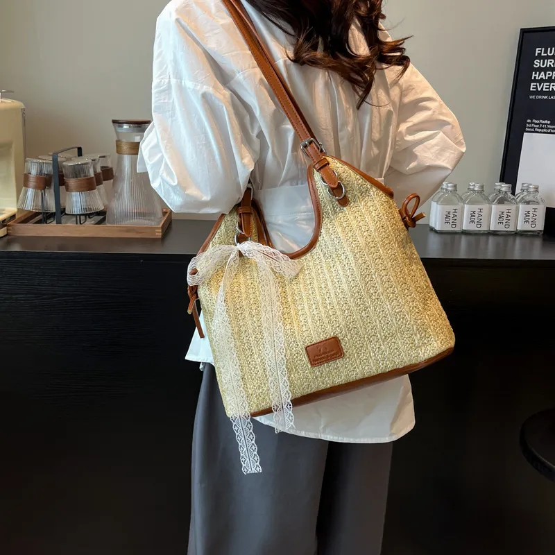 JIANGLIDA Woven Shoulder Bag Women's Pink/Brown-6