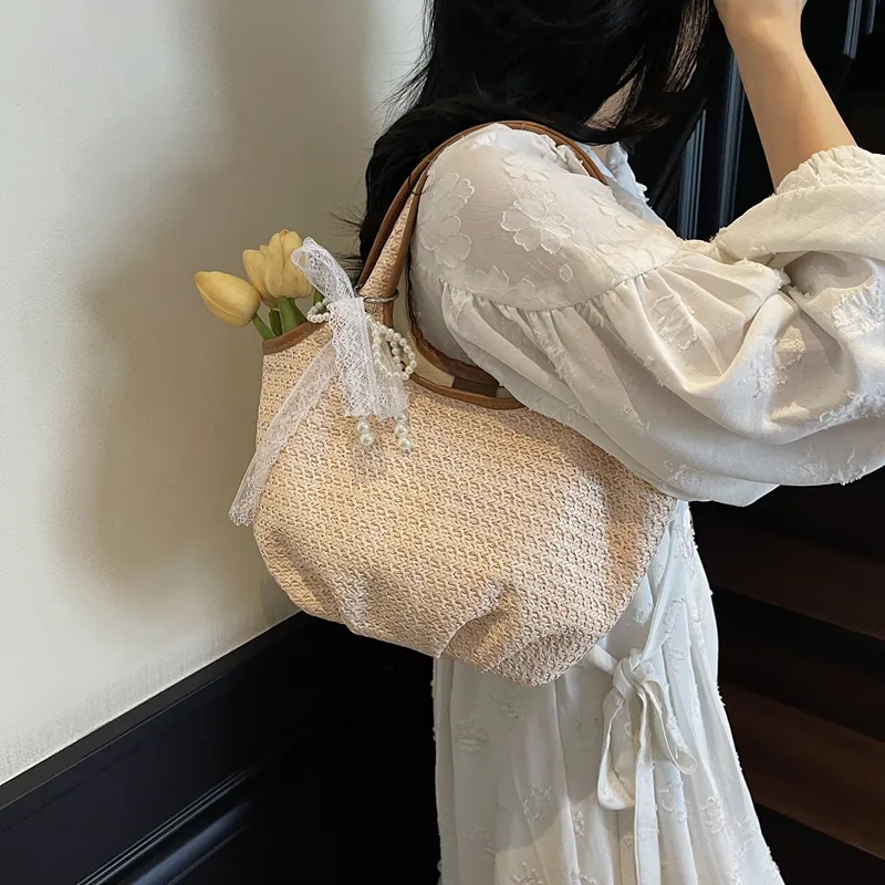 JIANGLIDA Straw Woven Shoulder Bag Women's Beige/Brown-7