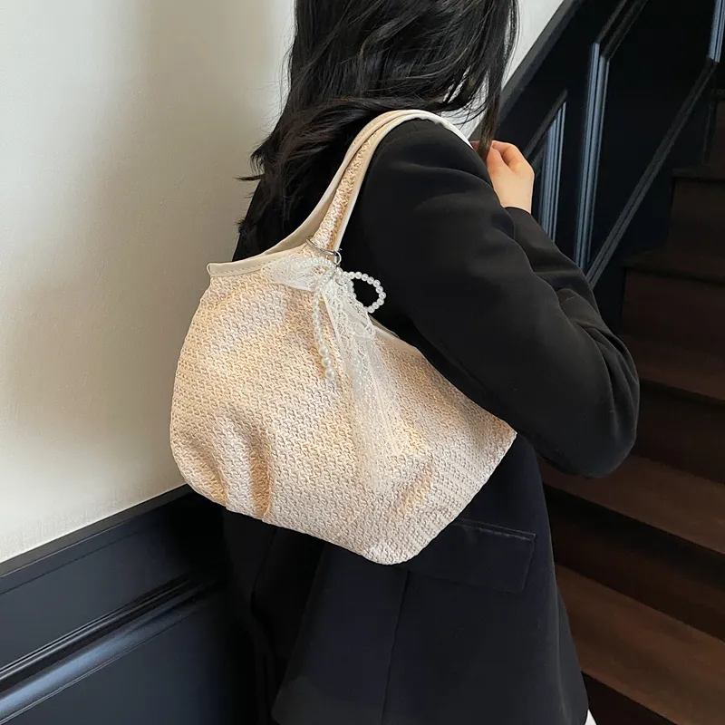 JIANGLIDA Straw Woven Shoulder Bag Women's Beige/Brown-2