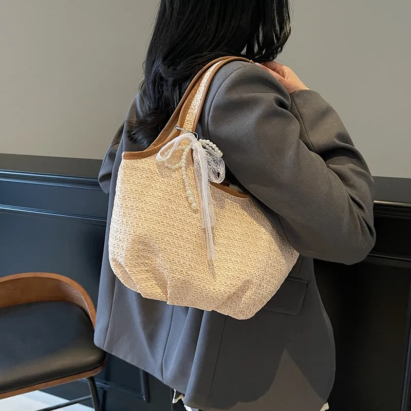 JIANGLIDA Straw Woven Shoulder Bag Women's Beige/Brown-3