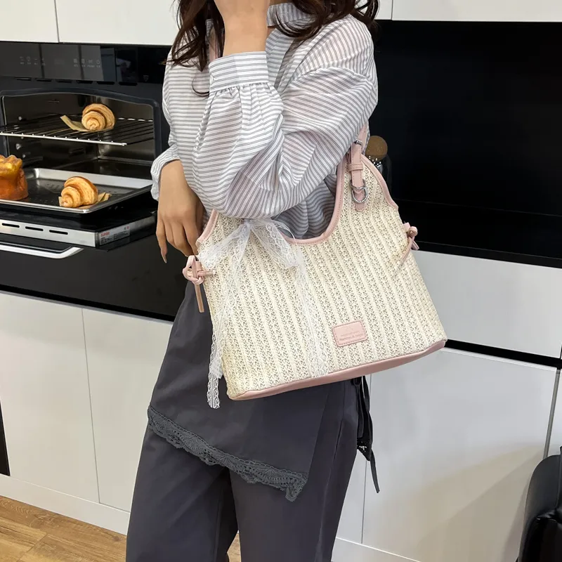 JIANGLIDA Woven Shoulder Bag Women's Pink/Brown-2