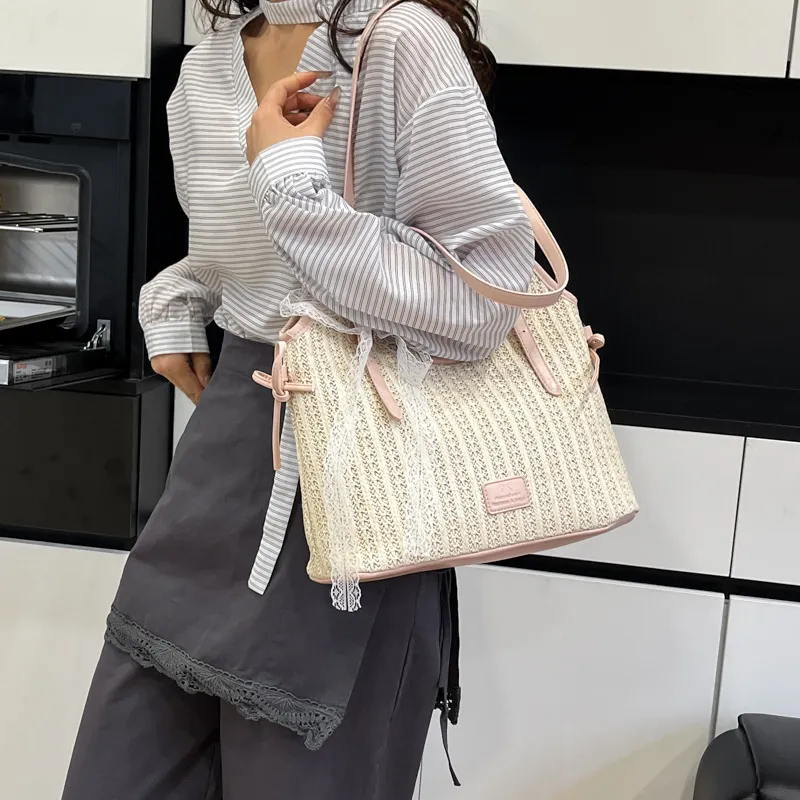 JIANGLIDA Woven Shoulder Bag Women's Pink/Brown-1