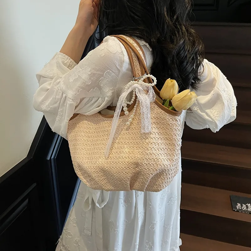 JIANGLIDA Straw Woven Shoulder Bag Women's Beige/Brown-5