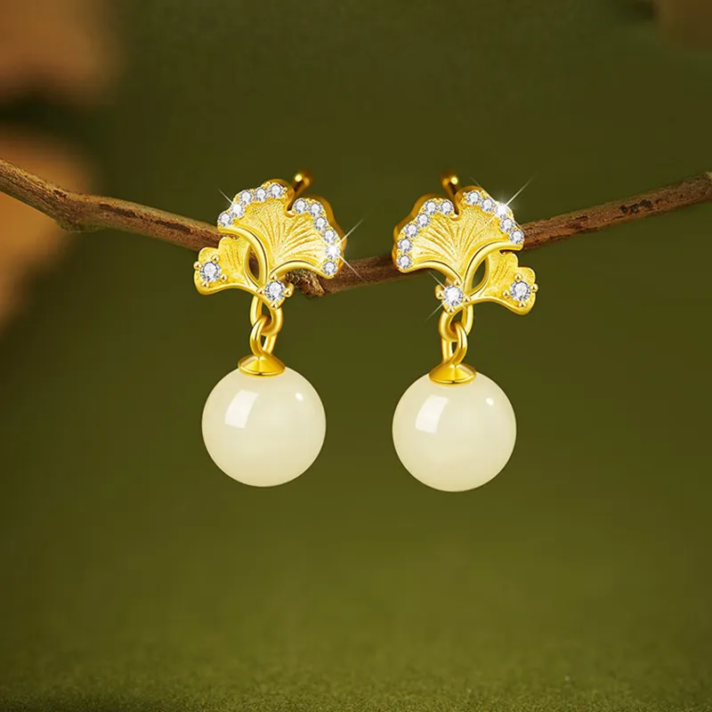 Qing Yi Hetian Jade Earrings White Jade Women's-3