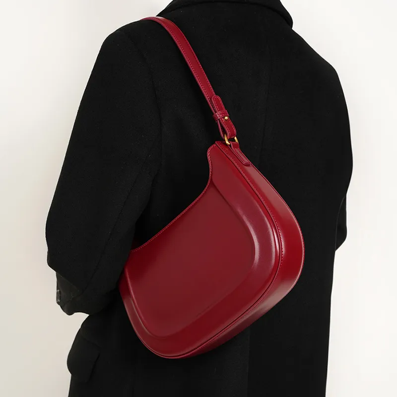 DULOREN Cow Leather Saddle Bag, Shoulder Bag Medium Size Women's Coffee/Burgundy/Black-6