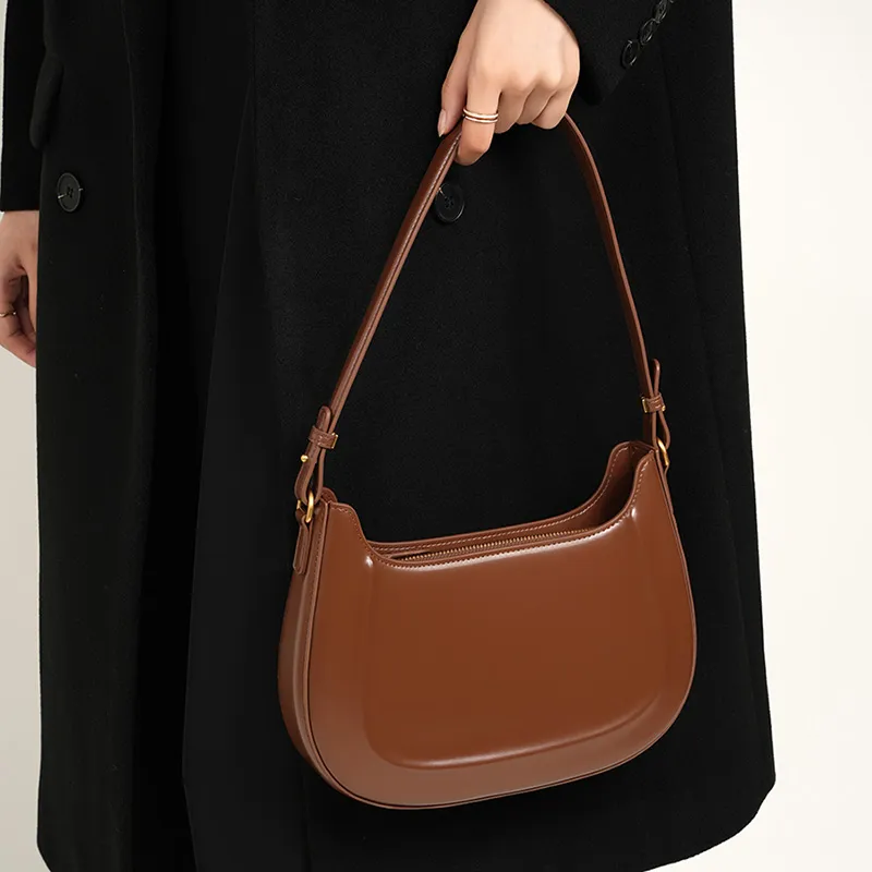DULOREN Cow Leather Saddle Bag, Shoulder Bag Medium Size Women's Coffee/Burgundy/Black-3