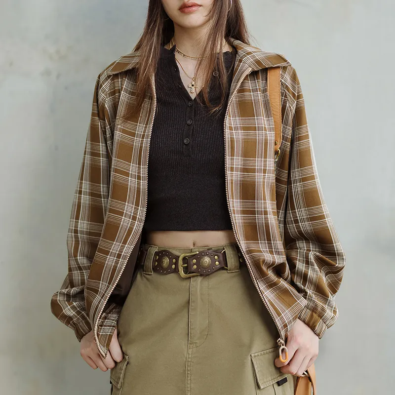MADEN Jackets & Coats Women's Khaki Plaid-2