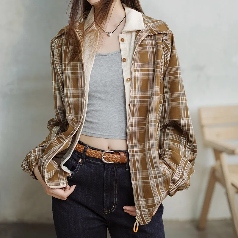 MADEN Jackets & Coats Women's Khaki Plaid-5