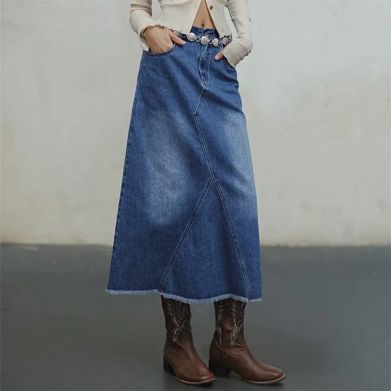 MADEN Denim Long Skirt Women's Washed Blue-2