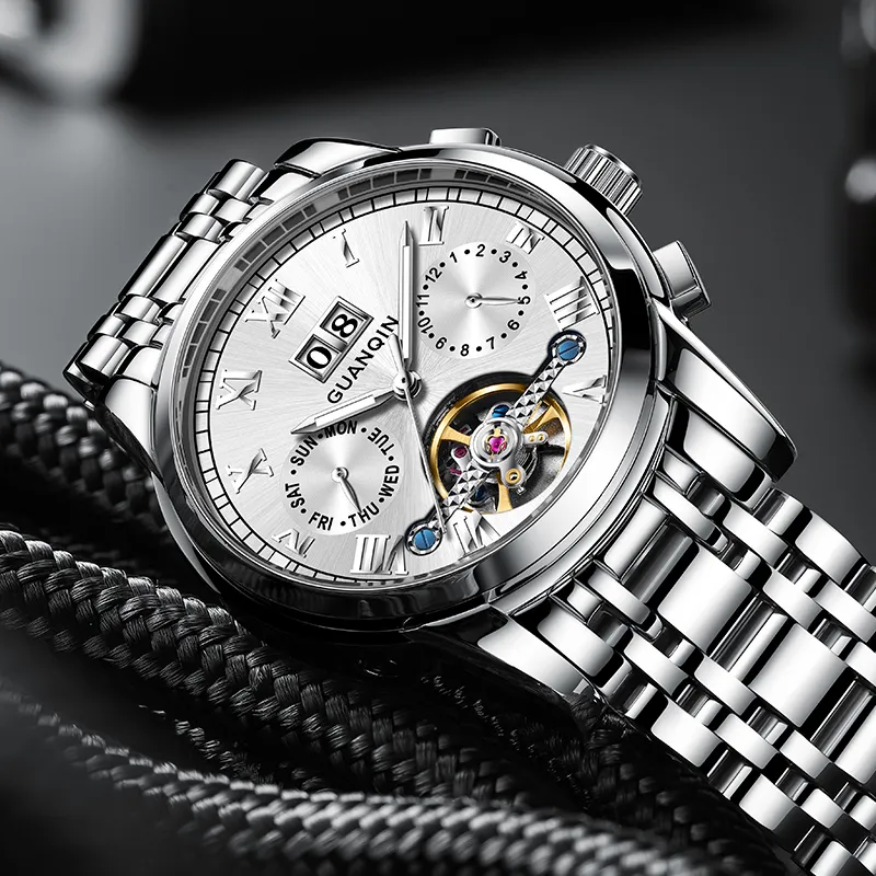 GUANQIN Automatic Mechanical Movement Stainless Steel Watchband Watch Men's Watches Black Dial-3