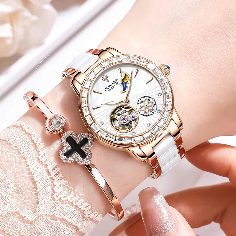GUANQIN Automatic Mechanical Movement Ceramic Strap Watch Women's Watch White Dial-3