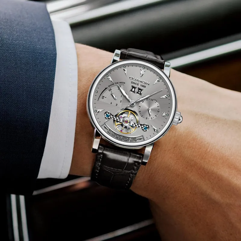 GUANQIN Collection Automatic Mechanical Movement Cow Leather Strap Watch Men's Watches Gray Dial-4