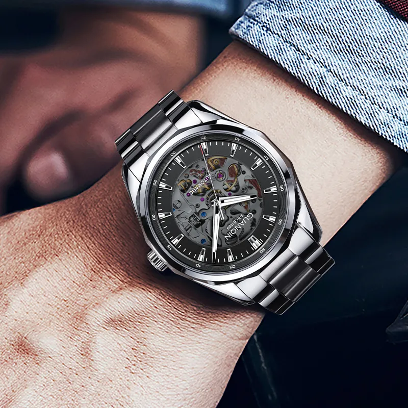 GUANQIN Automatic Mechanical Movement Stainless Steel Watchband Watch Men's Watches Black Dial-4