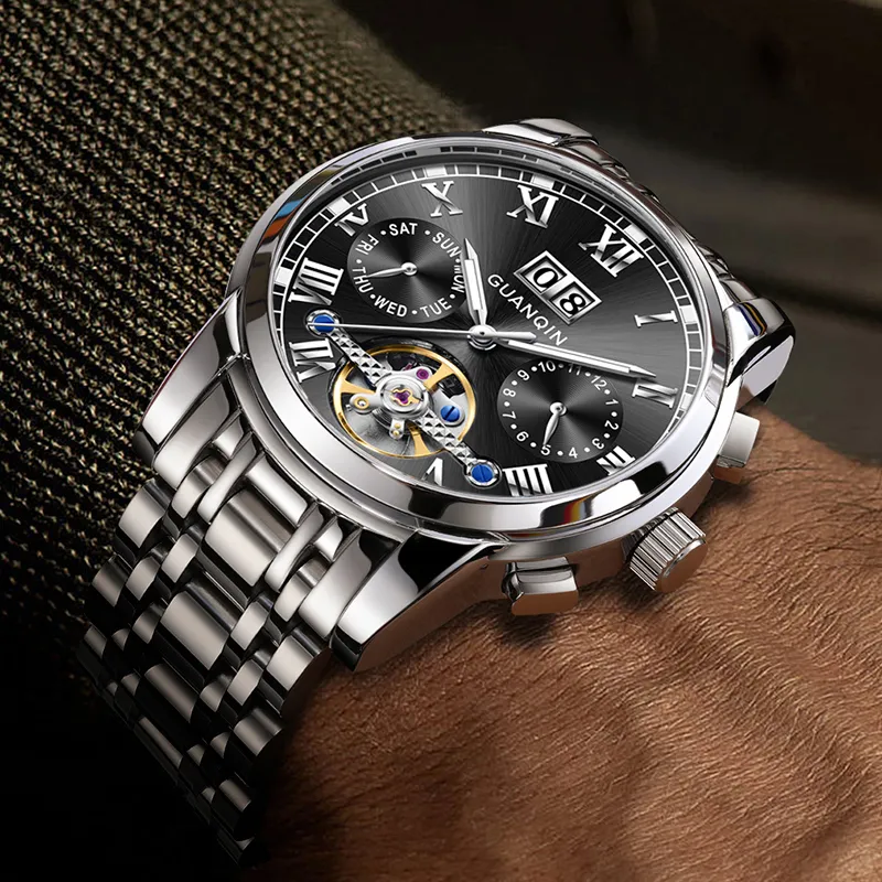 GUANQIN Automatic Mechanical Movement Stainless Steel Watchband Watch Men's Watches Black Dial-9