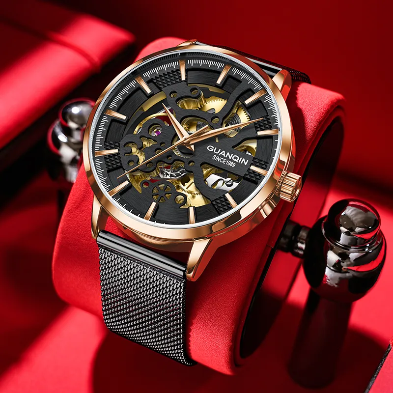 GUANQIN Automatic Mechanical Movement Net Bag Strap Watch Men's Watches Black Dial-6