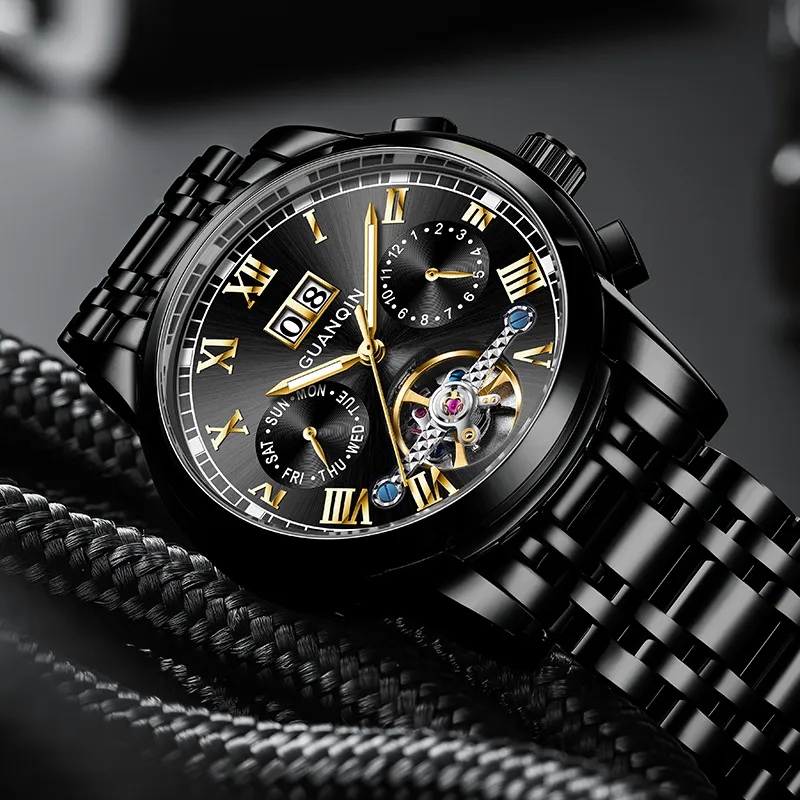 GUANQIN Automatic Mechanical Movement Stainless Steel Watchband Watch Men's Watches Black Dial-32