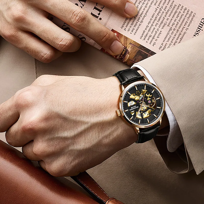 GUANQIN Brogues Collection Automatic Mechanical Movement Leather Strap Watch Men's Watches Black Dial-12