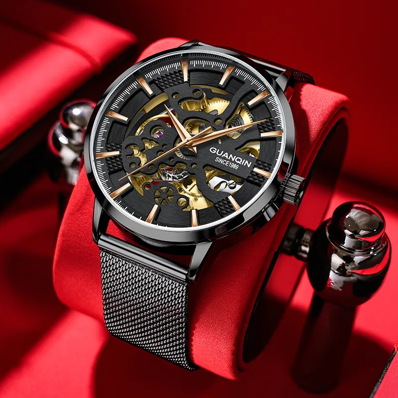 GUANQIN Automatic Mechanical Movement Net Bag Strap Watch Men's Watches Black Dial-2