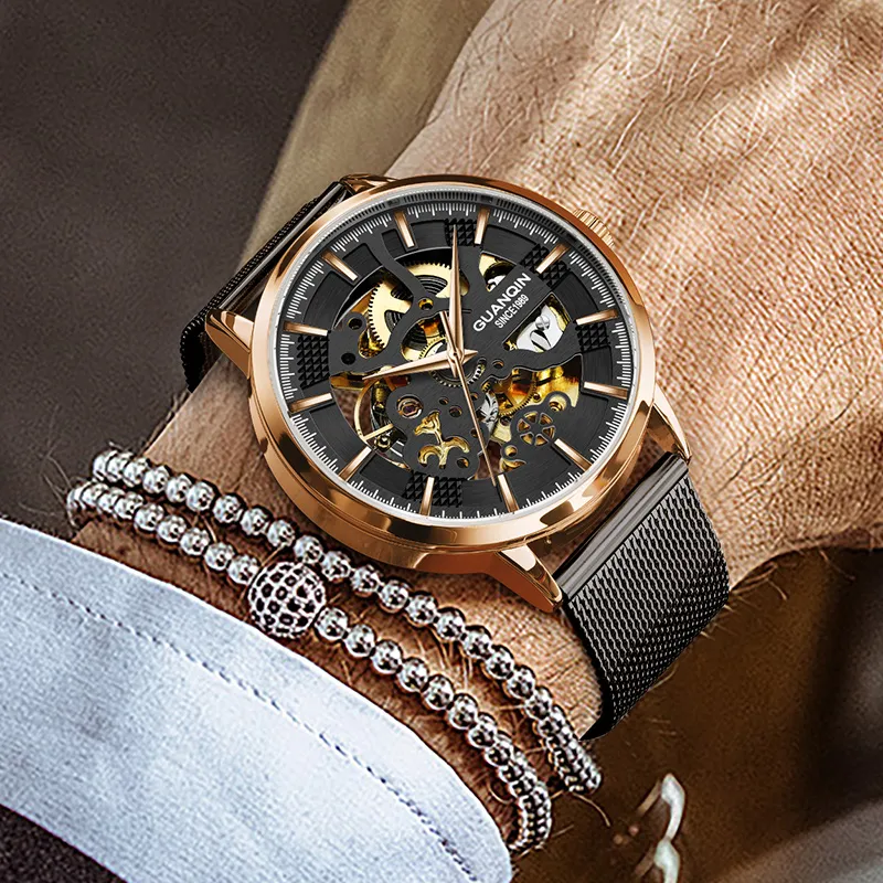 GUANQIN Automatic Mechanical Movement Net Bag Strap Watch Men's Watches Black Dial-8
